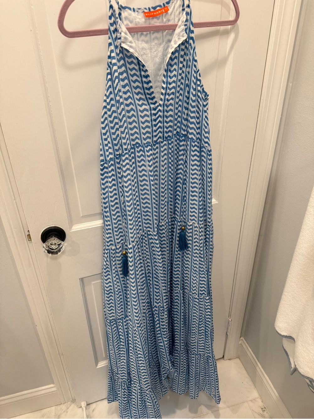 Oliphant Blue & White Chevron Tiered Halter Maxi Dress